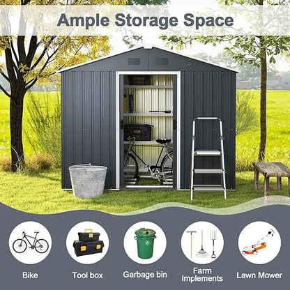Goplus Outdoor Storage Shed with Floor, Large Garden Tool Bike House with Lockable Sliding Door & Air Vents, Weather-Resistant Metal Sheds & Outdoor Storage for Backyard, Patio, Lawn, Yard