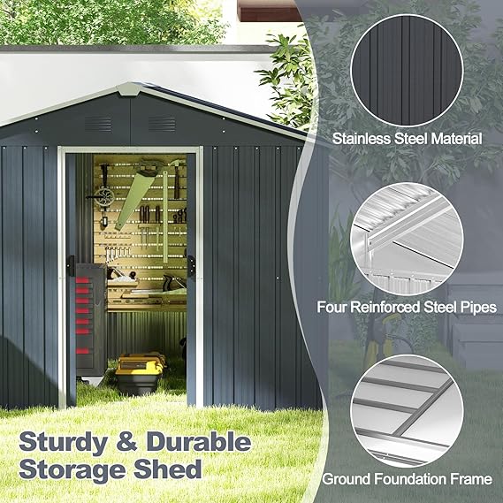 Goplus Outdoor Storage Shed with Floor, Large Garden Tool Bike House with Lockable Sliding Door & Air Vents, Weather-Resistant Metal Sheds & Outdoor Storage for Backyard, Patio, Lawn, Yard