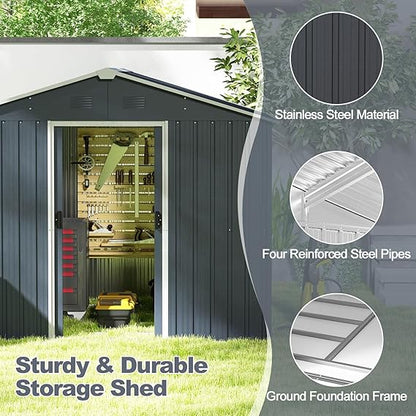 Goplus Outdoor Storage Shed with Floor, Large Garden Tool Bike House with Lockable Sliding Door & Air Vents, Weather-Resistant Metal Sheds & Outdoor Storage for Backyard, Patio, Lawn, Yard