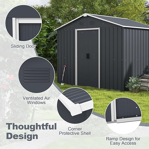 Goplus Outdoor Storage Shed with Floor, Large Garden Tool Bike House with Lockable Sliding Door & Air Vents, Weather-Resistant Metal Sheds & Outdoor Storage for Backyard, Patio, Lawn, Yard
