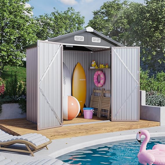 oneinmil 6.4'x4' Metal Outdoor Storage Shed, Large Garden Storage Shed with Double Sliding Doors and Steel Foundation Kit, Metal Storage House for Tool, Garden, Patio Yard, Brown