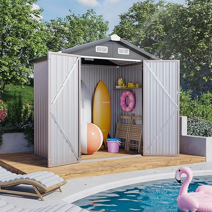 oneinmil 6.4'x4' Metal Outdoor Storage Shed, Large Garden Storage Shed with Double Sliding Doors and Steel Foundation Kit, Metal Storage House for Tool, Garden, Patio Yard, Brown