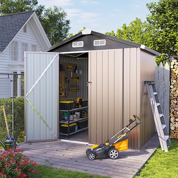 oneinmil 6.4'x4' Metal Outdoor Storage Shed, Large Garden Storage Shed with Double Sliding Doors and Steel Foundation Kit, Metal Storage House for Tool, Garden, Patio Yard, Brown