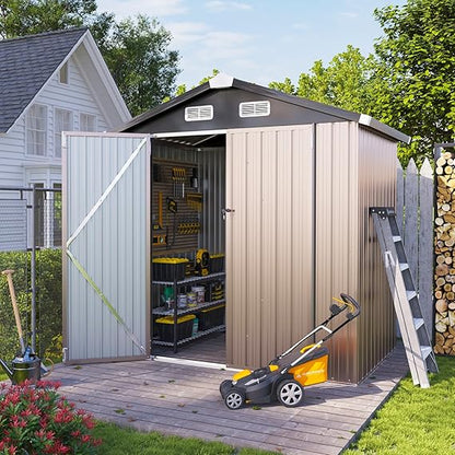 oneinmil 6.4'x4' Metal Outdoor Storage Shed, Large Garden Storage Shed with Double Sliding Doors and Steel Foundation Kit, Metal Storage House for Tool, Garden, Patio Yard, Brown