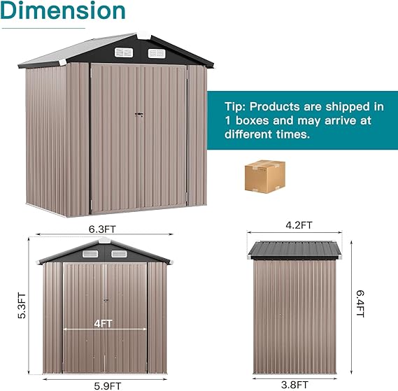 oneinmil 6.4'x4' Metal Outdoor Storage Shed, Large Garden Storage Shed with Double Sliding Doors and Steel Foundation Kit, Metal Storage House for Tool, Garden, Patio Yard, Brown