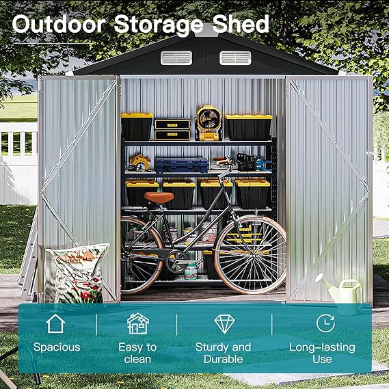 oneinmil 6.4'x4' Metal Outdoor Storage Shed, Large Garden Storage Shed with Double Sliding Doors and Steel Foundation Kit, Metal Storage House for Tool, Garden, Patio Yard, Brown