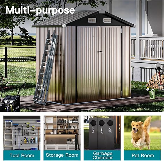 oneinmil 6.4'x4' Metal Outdoor Storage Shed, Large Garden Storage Shed with Double Sliding Doors and Steel Foundation Kit, Metal Storage House for Tool, Garden, Patio Yard, Brown