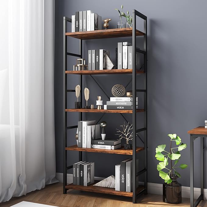 VERMESS Industrial Bookshelf, 5-Tier 24inch Rustic Brown Shelving Unit Wood Bookcase with Open Shelves, Rustic Standing Bookshelves Metal Frame Display Rack for Living Room,Bedroom, 24*11.8*63 inch