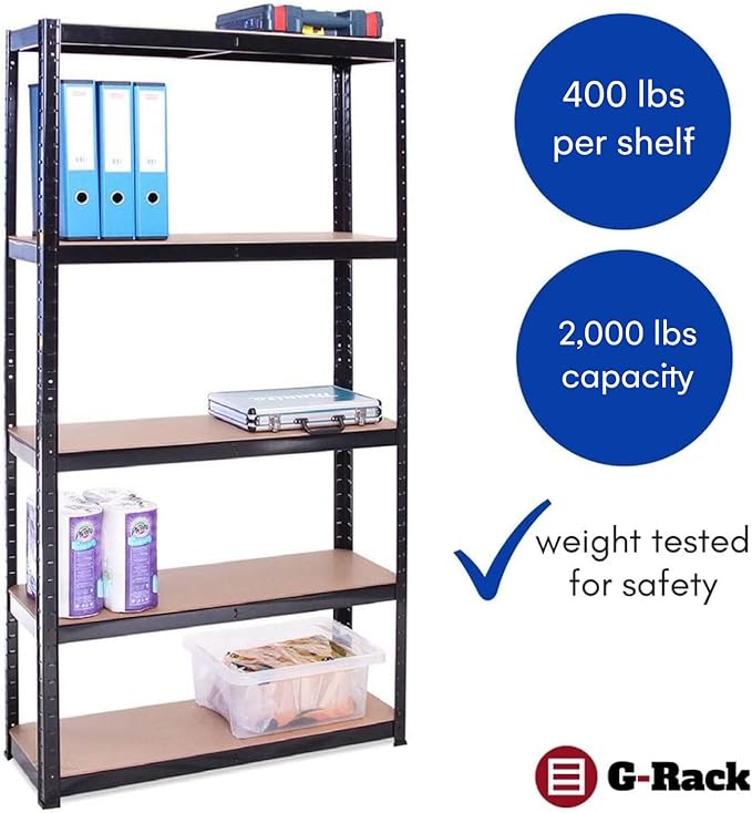 G-Rack 5 Tier Garage Shelving Units: 71 x 35 x 18-Inch - Heavy-Duty Storage Shelves - 1 Bay (400lbs Per Shelf) 2000 lbs Capacity for Workshop, Shed, Office - Adjustable & Free-Standing Utility - Black