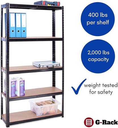 G-Rack 5 Tier Garage Shelving Units: 71 x 35 x 18-Inch - Heavy-Duty Storage Shelves - 1 Bay (400lbs Per Shelf) 2000 lbs Capacity for Workshop, Shed, Office - Adjustable & Free-Standing Utility - Black