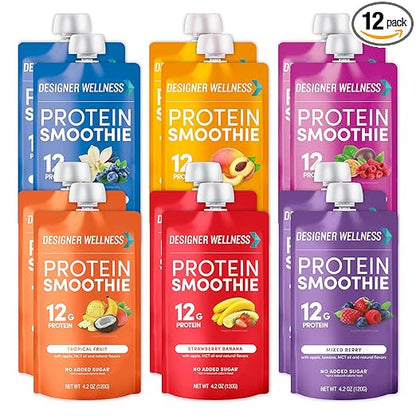 Designer Wellness Protein Smoothie, Real Fruit, 12g Protein, Low Carb, Zero Added Sugar, Gluten-Free, Non-GMO, No Artificial Colors or Flavors, Mix Variety, 12 Count