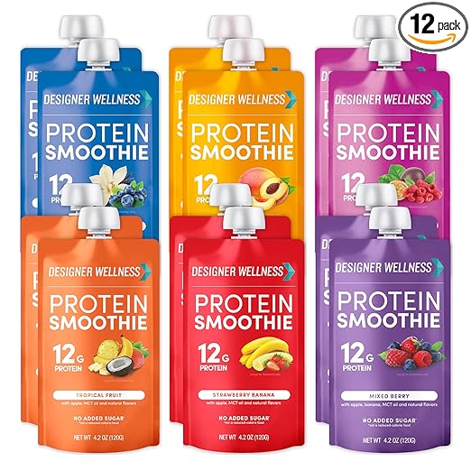 Designer Wellness Protein Smoothie, Real Fruit, 12g Protein, Low Carb, Zero Added Sugar, Gluten-Free, Non-GMO, No Artificial Colors or Flavors, Mix Variety, 12 Count