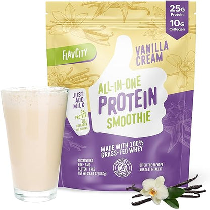 FlavCity Protein Powder Smoothie, Vanilla - 100% Grass-Fed Whey Protein Smoothie with Collagen - Gluten Free & No Added Sugars (29.84 oz)