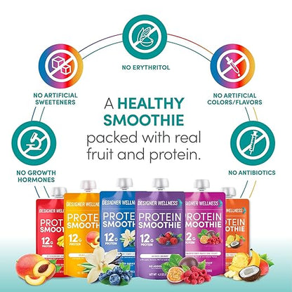 Designer Wellness Protein Smoothie, Real Fruit, 12g Protein, Low Carb, Zero Added Sugar, Gluten-Free, Non-GMO, No Artificial Colors or Flavors, Mix Variety, 12 Count