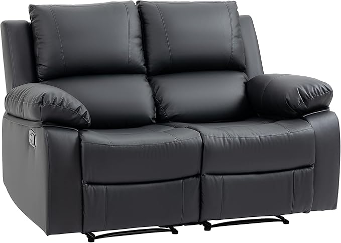 HOMCOM Double Reclining Loveseat, PU Leather Manual Recliner Chair with Pullback Control Footrest for Living Room, Black