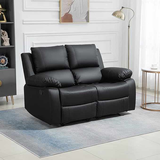 HOMCOM Double Reclining Loveseat, PU Leather Manual Recliner Chair with Pullback Control Footrest for Living Room, Black