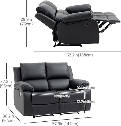 HOMCOM Double Reclining Loveseat, PU Leather Manual Recliner Chair with Pullback Control Footrest for Living Room, Black