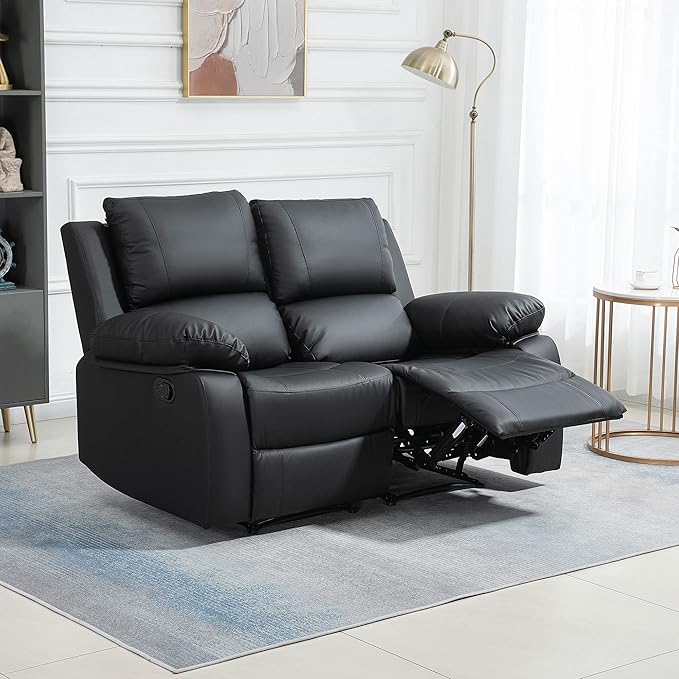 HOMCOM Double Reclining Loveseat, PU Leather Manual Recliner Chair with Pullback Control Footrest for Living Room, Black