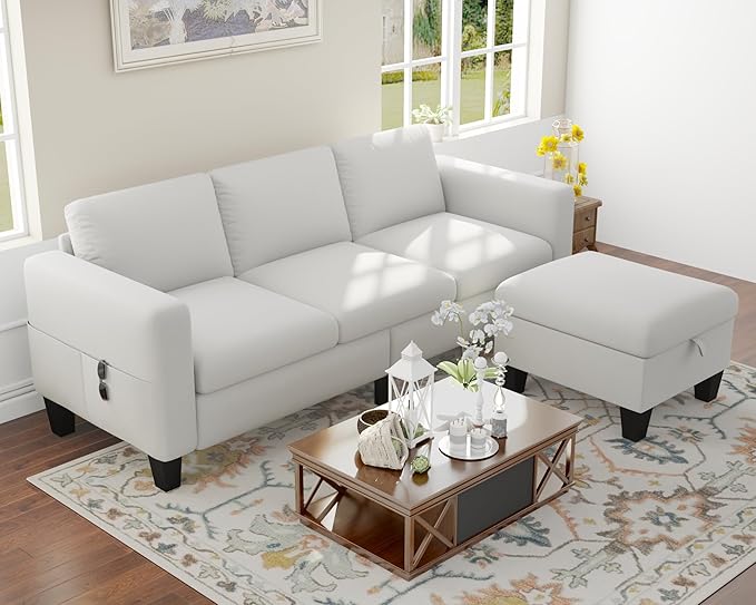 Sectional Sofa Couches for Living Room 78" L Shaped Sofas with Storage Ottoman Small 3 Seater Couch Velvet Fabric, Beige