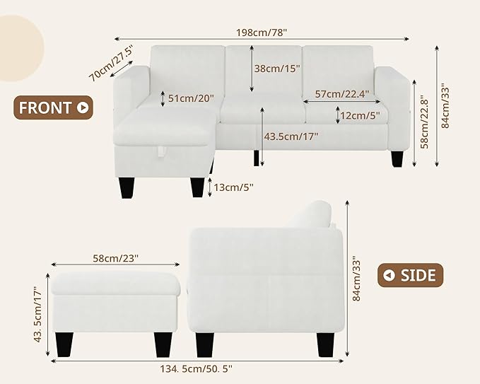 Sectional Sofa Couches for Living Room 78" L Shaped Sofas with Storage Ottoman Small 3 Seater Couch Velvet Fabric, Beige