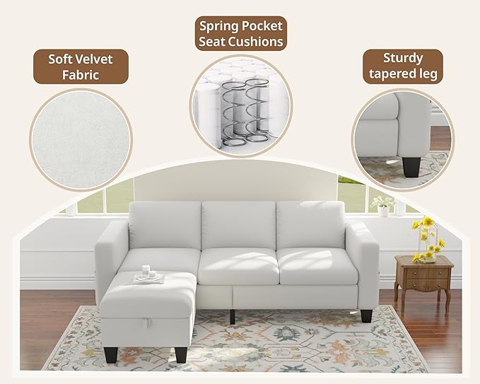 Sectional Sofa Couches for Living Room 78" L Shaped Sofas with Storage Ottoman Small 3 Seater Couch Velvet Fabric, Beige