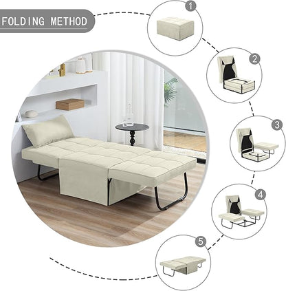 Sofa Bed, 4 in 1 Multi-Function Folding Ottoman Breathable Linen Couch Bed with Adjustable Backrest Modern Convertible Chair for Living Room Apartment Office, White