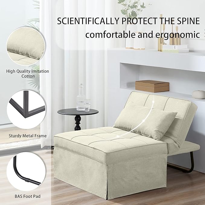 Sofa Bed, 4 in 1 Multi-Function Folding Ottoman Breathable Linen Couch Bed with Adjustable Backrest Modern Convertible Chair for Living Room Apartment Office, White