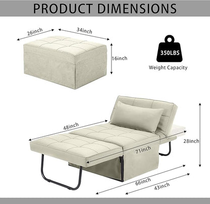 Sofa Bed, 4 in 1 Multi-Function Folding Ottoman Breathable Linen Couch Bed with Adjustable Backrest Modern Convertible Chair for Living Room Apartment Office, White