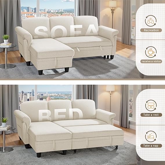 Shahoo Sofa Bed L-Shaped Sectional Couches,Convertible Couch, Sleeper with Pull Out Beds,Storage Chaise,for Living Room,Apartment(Cotton Light Beige)