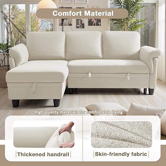 Shahoo Sofa Bed L-Shaped Sectional Couches,Convertible Couch, Sleeper with Pull Out Beds,Storage Chaise,for Living Room,Apartment(Cotton Light Beige)