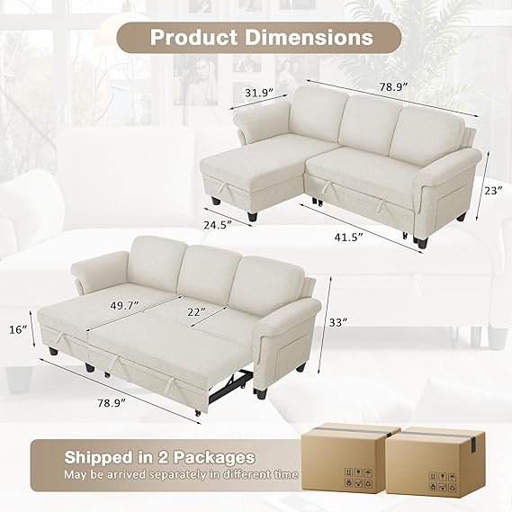 Shahoo Sofa Bed L-Shaped Sectional Couches,Convertible Couch, Sleeper with Pull Out Beds,Storage Chaise,for Living Room,Apartment(Cotton Light Beige)