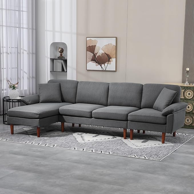 HOMCOM Changeable Sectional Sofa with Changeable Chaise Lounge, Modern Sectional Couch with Pillows, Wooden Legs, L-Shape Corner Sofa for Living Room, Dark Grey