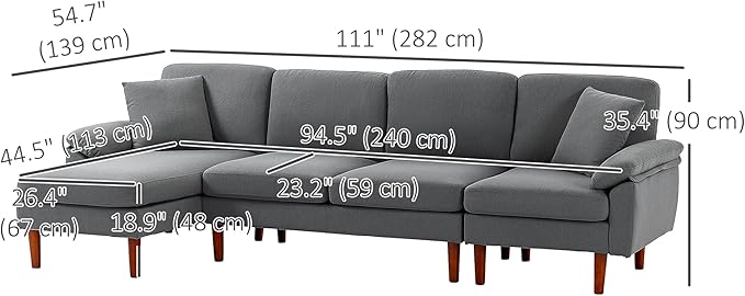 HOMCOM Changeable Sectional Sofa with Changeable Chaise Lounge, Modern Sectional Couch with Pillows, Wooden Legs, L-Shape Corner Sofa for Living Room, Dark Grey