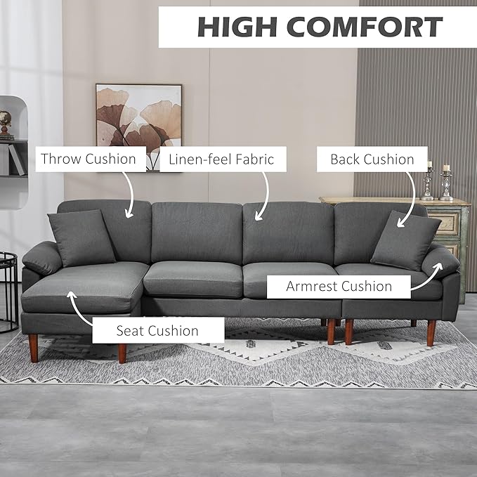 HOMCOM Changeable Sectional Sofa with Changeable Chaise Lounge, Modern Sectional Couch with Pillows, Wooden Legs, L-Shape Corner Sofa for Living Room, Dark Grey