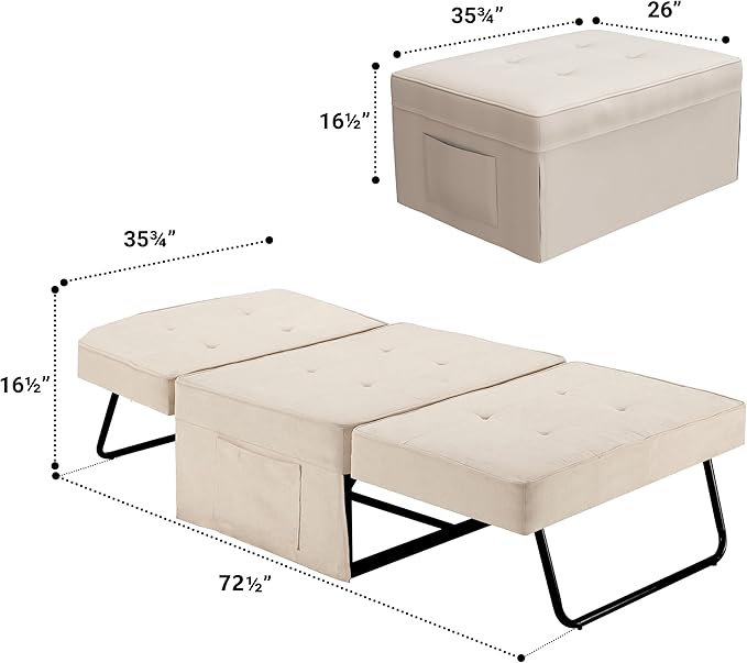 Sofa Bed,Chair Bed,Sleeper Couch,4 in 1 Multi-Function Folding Ottoman Bed with Slide StoragePocket for Living Room,Bedroom,Hallway,Beige