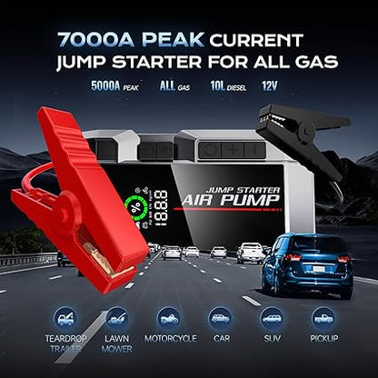 Jump Starter with Air Compressor, Portable 2500A Car Battery Jump Starter Battery Pack (8.5 Gas/8.0L Diesel), UltraSafe Jumper Starter Portable Jump Box with LED Display, Emergency Light, Power Bank 1
