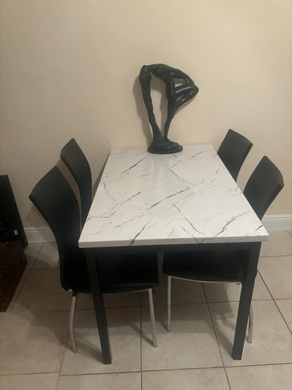 Roundhill Furniture Noyes Metal Dining Table with Laminated Faux Marble Top, Off-White
