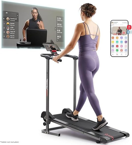 Sunny Health & Fitness Manual Walking Pad Treadmill for Home, Non-Electric, Fixed Incline, Compact with Handle Bar, Digital Monitor, Non-Slip Surface, Optional Free SunnyFit App Bluetooth Connection