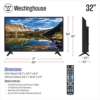 Westinghouse 32 Inch TV with DVD Player Built in, 720p HD LED Small Flat Screen TV DVD Combo with HDMI, USB, & Parental Controls, Non-Smart TV or Monitor for Home, Kitchen, or RV Camper