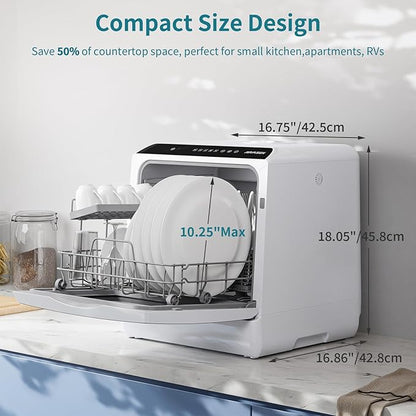 AIRMSEN Portable Countertop Dishwashers, 5 Washing Programs Mini Dishwashers with 5 L Built-in Water Tank and Double-layered Glass Door, No Hookup Needed for Home, Apartments & RVs