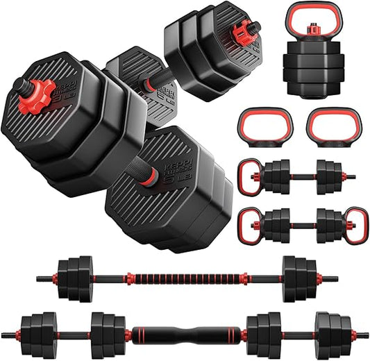 KeppiFitness Adjustable Dumbbell Set, 90 lb Weight Set with Connector Bar, 4 in 1 Workout Gear with Dumbbell, Kettlebell, Barbell, Push up Handle for Home Gym Fitness Exercise