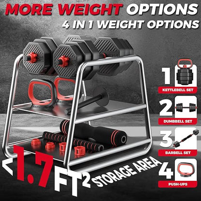 KeppiFitness Adjustable Dumbbell Set, 90 lb Weight Set with Connector Bar, 4 in 1 Workout Gear with Dumbbell, Kettlebell, Barbell, Push up Handle for Home Gym Fitness Exercise