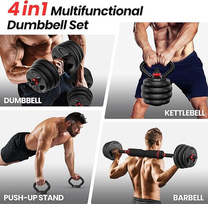 Adjustable dumbbell set, 90lbs Free Weights set with upgraded nut, 4 in 1 Weight Set Used as Kettlebells, Barbell, Push up Stand, Fitness Exercise for Home Gym Suitable Men/Women